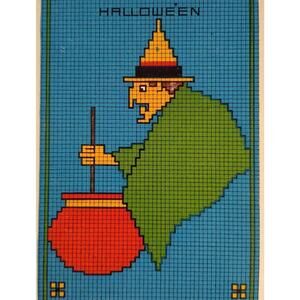 Halloween Postcard Checkered Witch Fantasy Cauldron Grid Pattern Gibson 6936